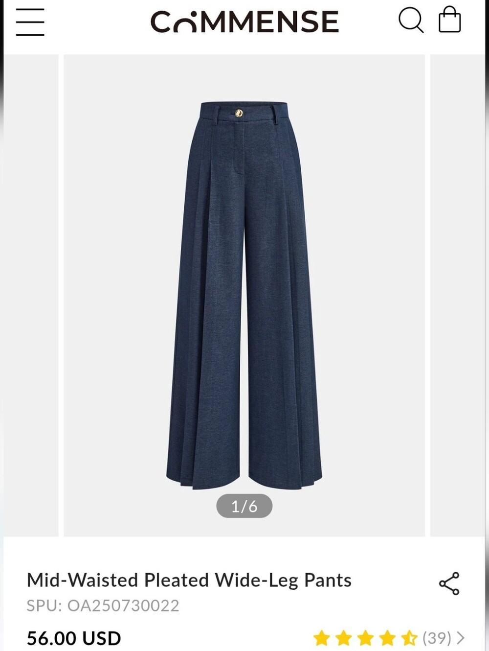 NWT Commense Mid-Waisted Pleated Wide-Leg Pants Sz M Blue